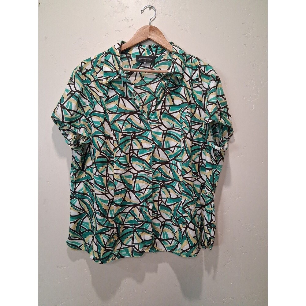 Jones New York Womenโs Size 18W Top V-Neck Button Up Short Sleeves Multi Color
